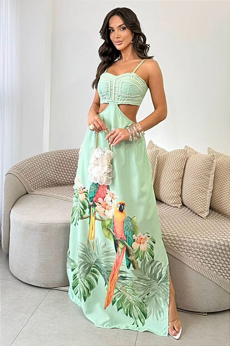 Vestido Longo Feminino Estampado com Recorte e Alças Finas