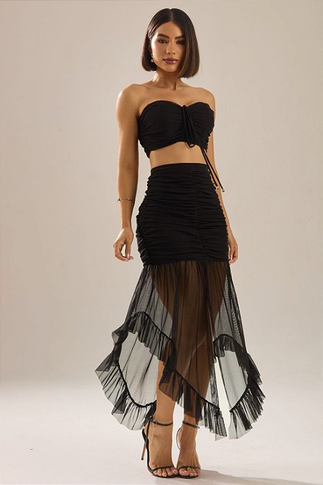 Conjunto Feminino Top Tomara Que Caia e Saia Tule Rodada Plissada