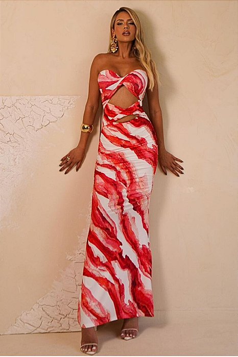 Vestido Longo Estampa Artes com Recorte Central