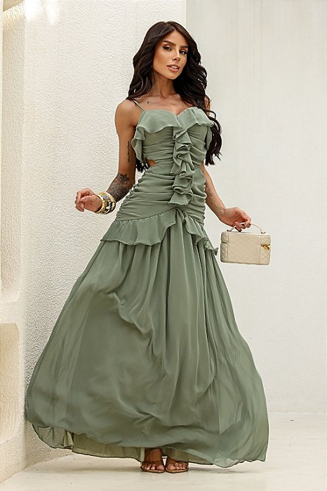 Vestido Longo Festa Feminino com Babados e Alças Delicadas