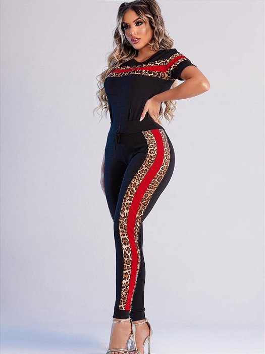 Conjunto Calça e Blusa Malha Crepe Animal Print