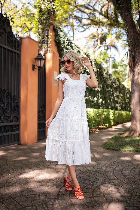 Vestido Longo Branco Em Malha Lese