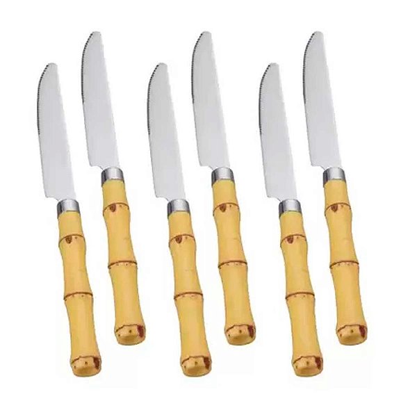 Conjunto 6 Facas p/ Sobremesa de Aço Inox c/ Cabo de Plástico Bambu