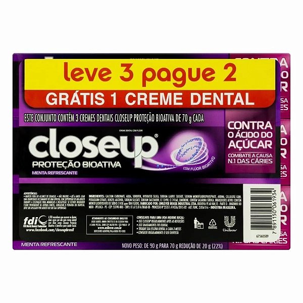 Creme Dental Closeup 70g Leve 3 Pague 2 Proteção Bioativa Contra O Ácido Do Açucar