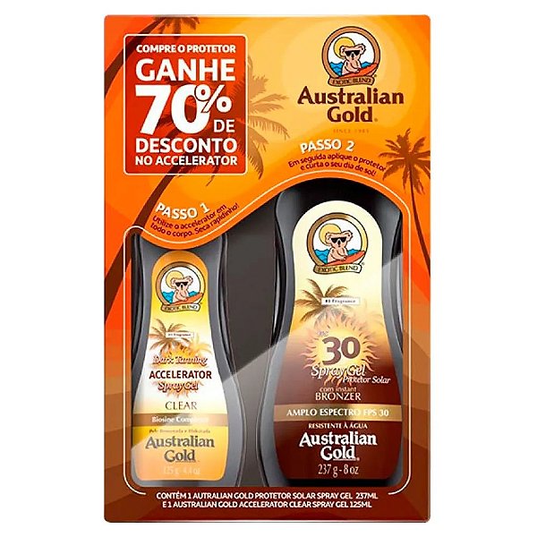 Kit Australian Gold Protetor Solar FPS30 Spray 237ml e Bronzeador Clear Spray 125ml
