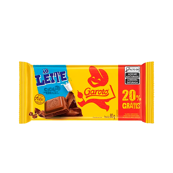 Barra De Chocolate Garoto Ao Leite 80G 20%Grátis
