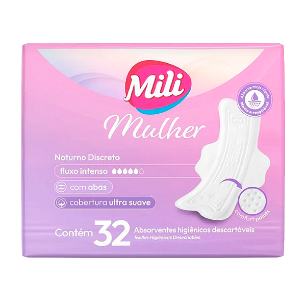 Absorvente Mili Mulher Com Abas Noturno Discreto Com 32
