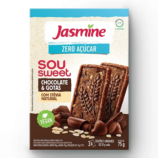 Biscoito Jasmine Sou Sweet Chocolate e Gotas Zero Açúcar 75g