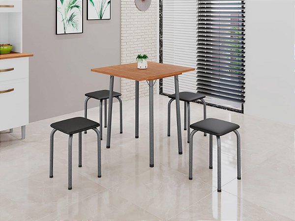 MESA DOBRAVEL COM 4 BANQUETAS – IMOP – PRATA C/ TAMPO AMADEIRADO ASSENTO PRETO