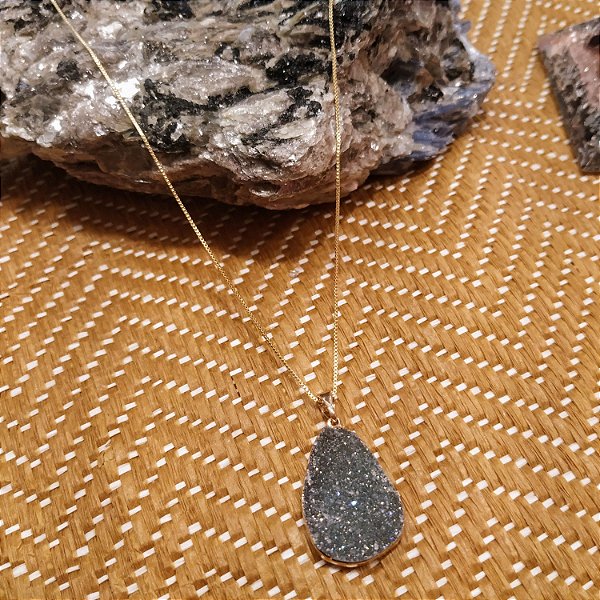 Colar Drusa Cristal de Quartzo - Folheado a Ouro