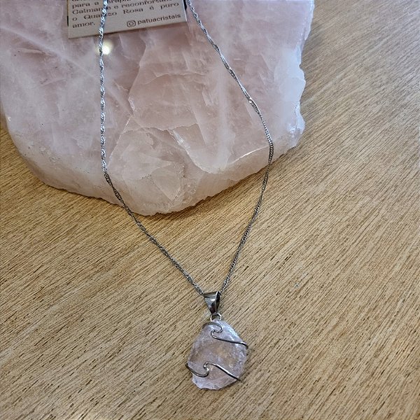 Colar Quartzo Rosa Bruto - Ródio Branco