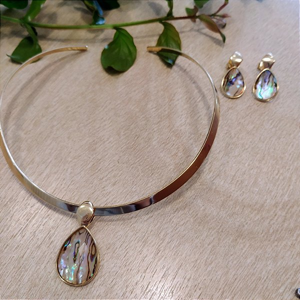 Conjunto Choker e Brincos Abalone - Folheado a Ouro