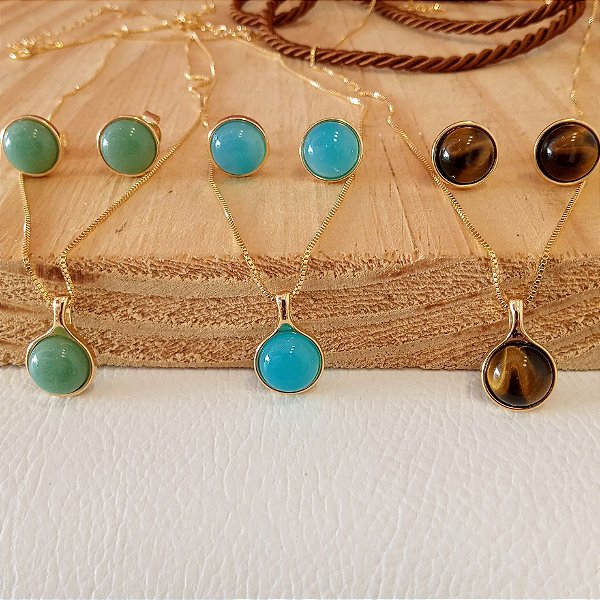 Conjunto Colar E Brinco Redondo Cristal - Folheado a Ouro