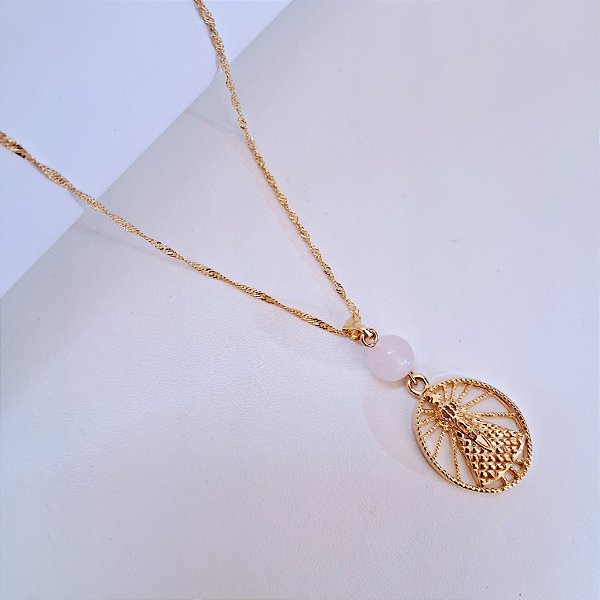 Colar Nossa Senhora Quartzo Rosa - Folheado a Ouro