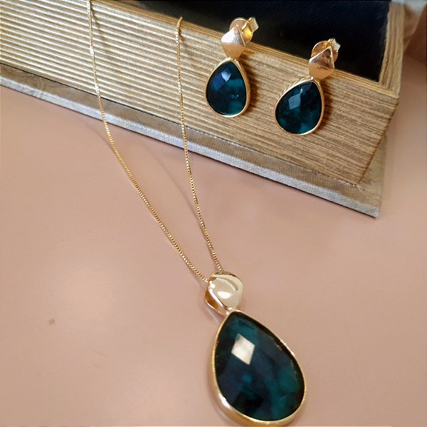 CONJUNTO GOTA COLAR E BRINCOS ESMERALDA - FOLHEADO A OURO