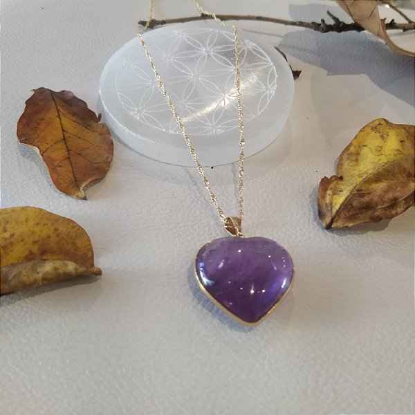Colar Coração Ametista Lapidado - Folheado a Ouro