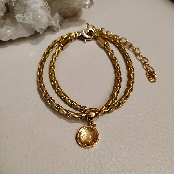 PULSEIRA COURO TRANÇADO CRISTAL DE QUARTZO - FOLHEADO A OURO