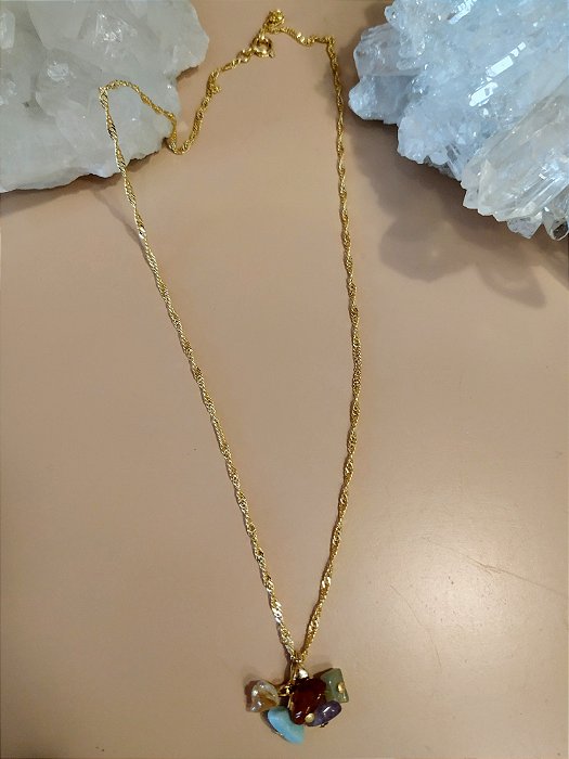 Colar Cachopinha Pedras Mistas - Folheado a Ouro