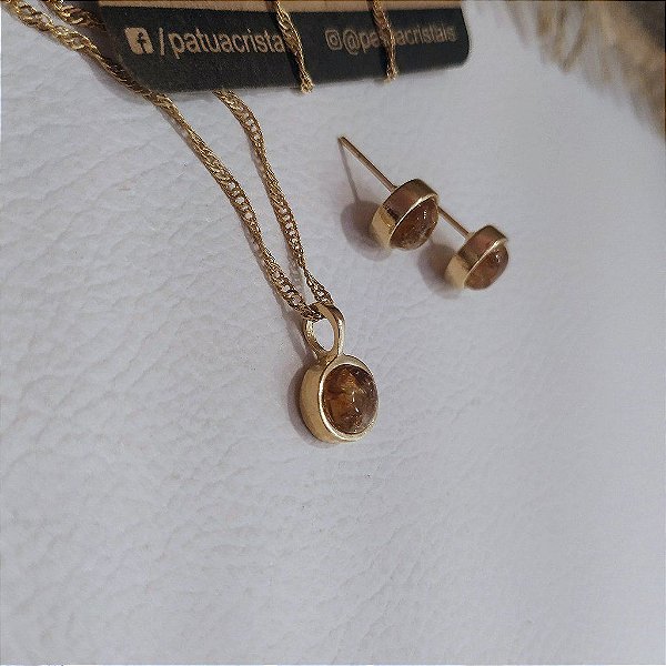 Conjunto Colar e Brinco Citrino - Folheado a Ouro