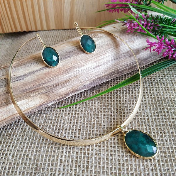 Conjunto Choker Aro e Brinco Gancho Esmeralda Facetada - Folheado a Ouro
