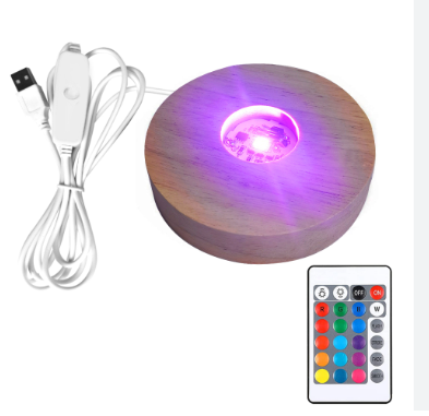 Base Redonda De Madeira LED 10cm - Colorida - Com Controle