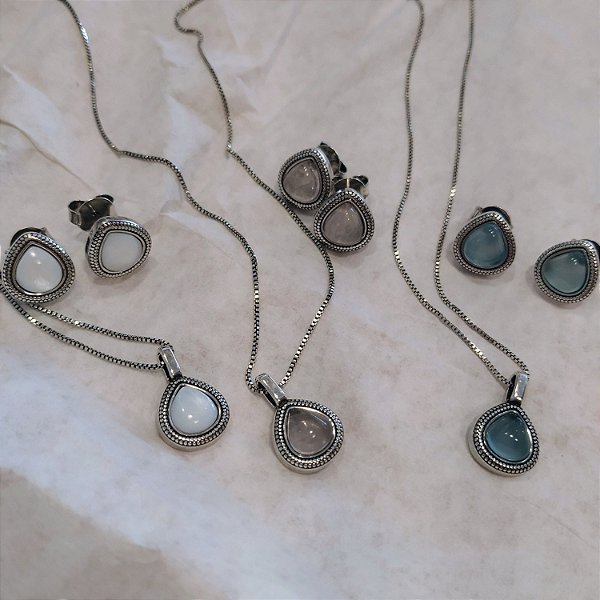 Conjunto Gota Cristal Perolado - Prata Envelhecida