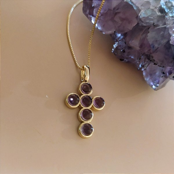 Colar Crucifixo Ametista  - Folheado a Ouro