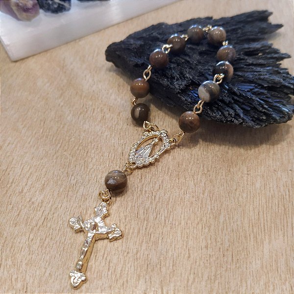 Terço de Mão Conta Jaspe Sanguineo - Dourado