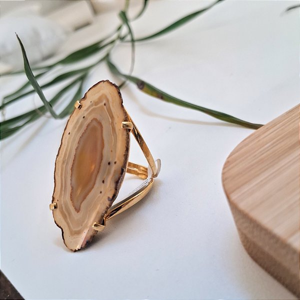 Anel Regulável Ágata  - Folheado a Ouro