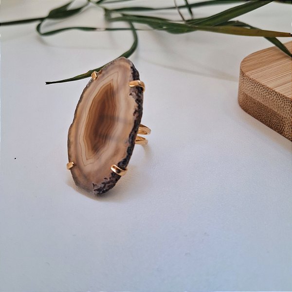 Anel Regulável Ágata Marrom com Transparência - Folheado a Ouro