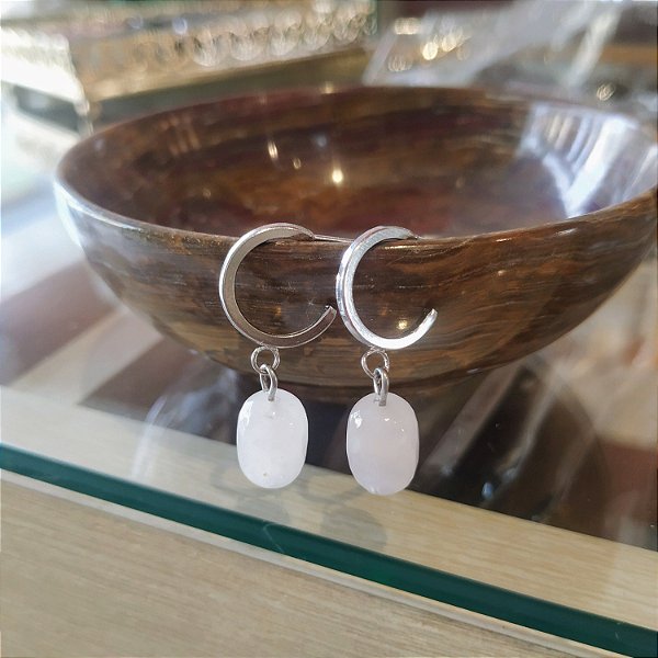 Brinco Argola Quartzo Branco Rolado - Ródio Branco