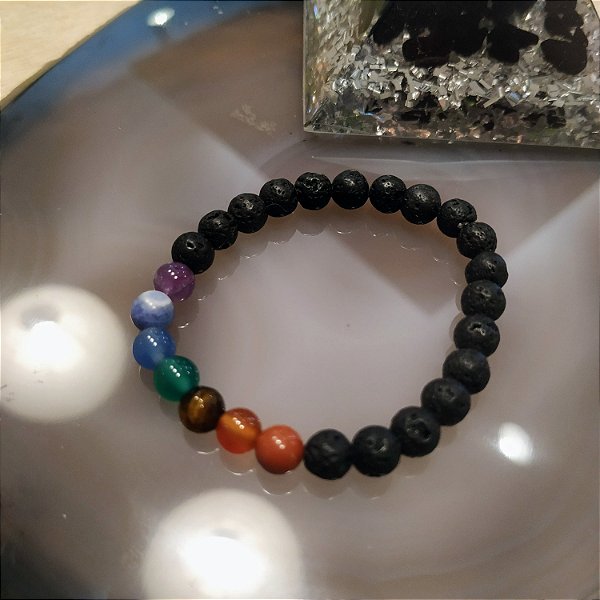 Pulseira 6mm Chakras Lava Vulcânica