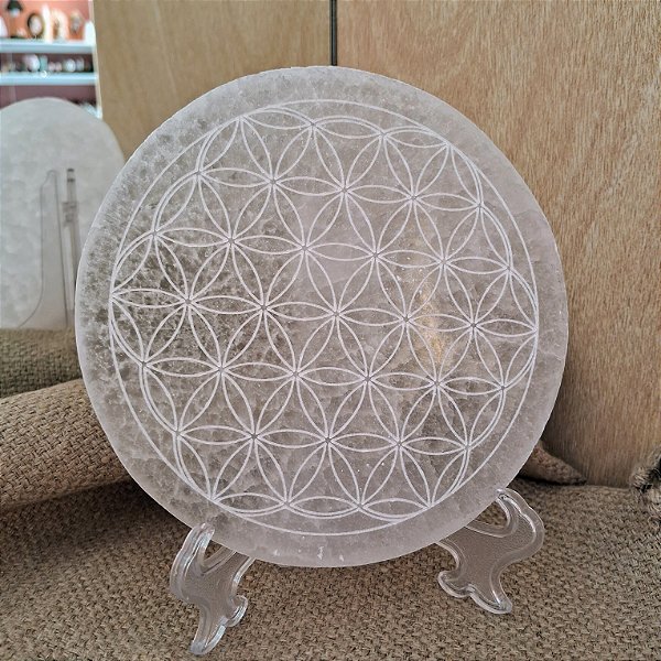 Placa de Selenita Redonda - Mandala Flor da Vida - 14cm