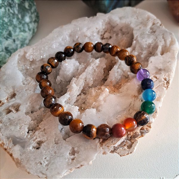 Pulseira 6mm  Chakras Olho de Tigre Facetado