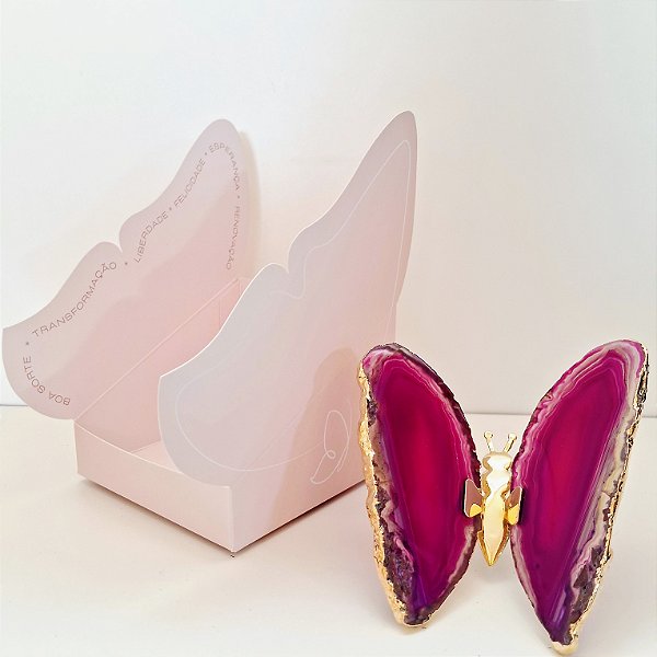 Borboleta Ágata Pink - Borda Dourada - Coleção Asas