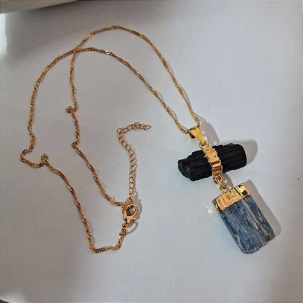 Colar Turmalina Negra e Cianita Azul - Folheado a Ouro