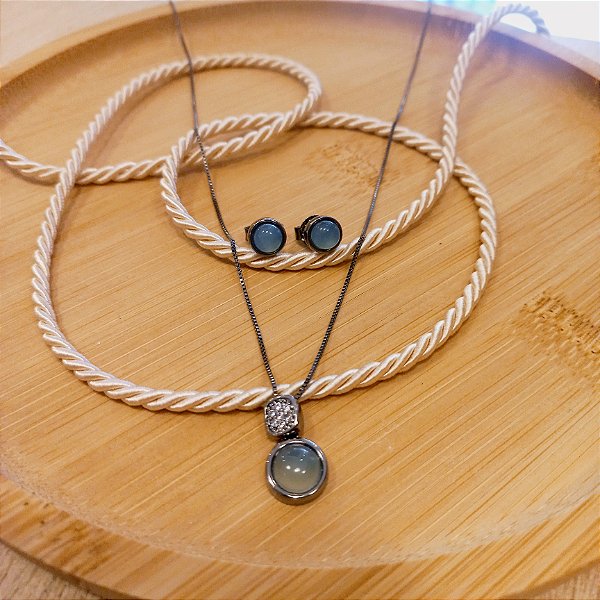 Conjunto Colar e Brinco Ágata Azul - Folheado a Ródio Negro