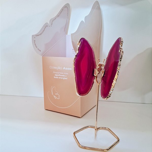 Borboleta Ágata Pink - Borda Dourada - Base de Ferro