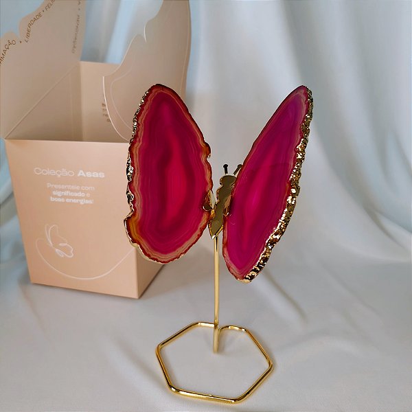 Borboleta Ágata Pink - Base Dourada - Base de Ferro