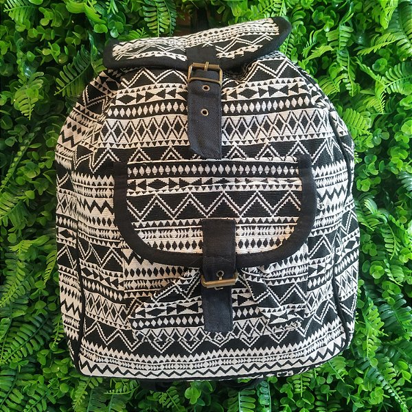 Mochila Indiana Étnica Boho Hippie Preta e Branca