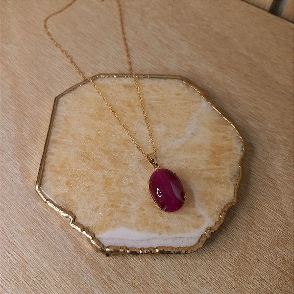 Colar Oval Ágata Rosa - Folheado a Ouro