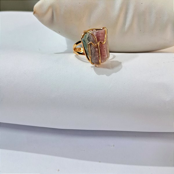 Anel Regulável Turmalina Rosa - Folheado a Ouro