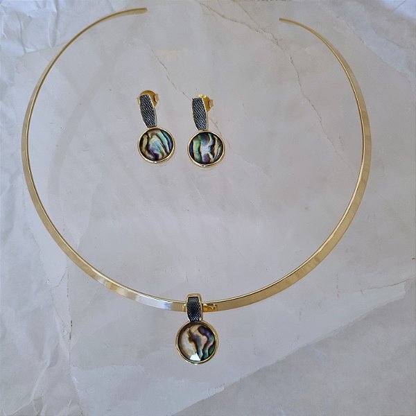 Conjunto Choker Aro e Brinco Abalone com Detalhe em Ródio Negro - Folheado a Ouro