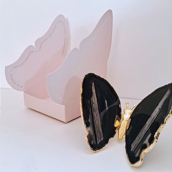 Borboleta Ágata Preta - Borda Dourada - Coleção Asas