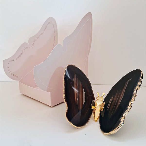 Borboleta Ágata Preta - Borda Dourada - Coleção Asas