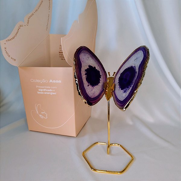 Borboleta Ágata Roxa - Borda Dourada - Base de Ferro