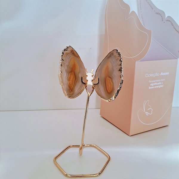 Borboleta Ágata Marrom - Borda Dourada - Base de Ferro