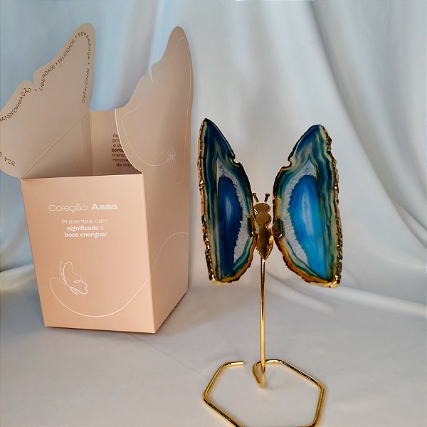 Borboleta Ágata Azul - Borda Dourada - Base de Ferro
