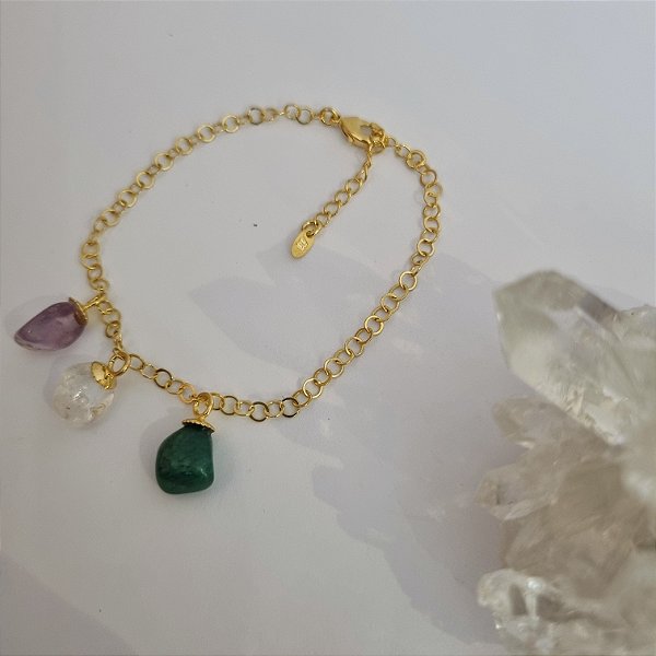 Pulseira Ametista, Cristal de Quartzo e Quartzo Verde Rolados - Folheado a Ouro