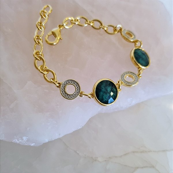 Pulseira Esmeralda Facetada com Detalhes em Ródio Branco